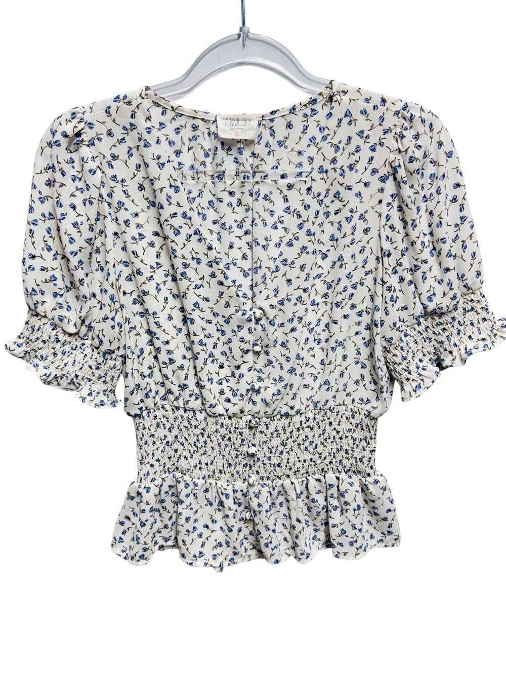 Chiffon Knit French Toile Floral Babydoll Puffy Smocked Blouse Top